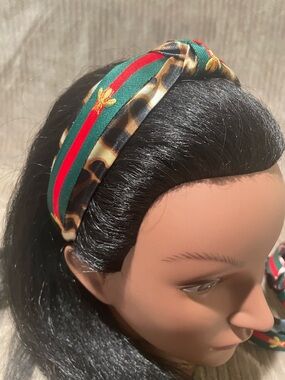 Knotted Headband with Green & Red Striped Bee Embroidery and Leopard Accent